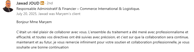 Recommandation de Jawad JOUD - Responsable Administratif & Financier
